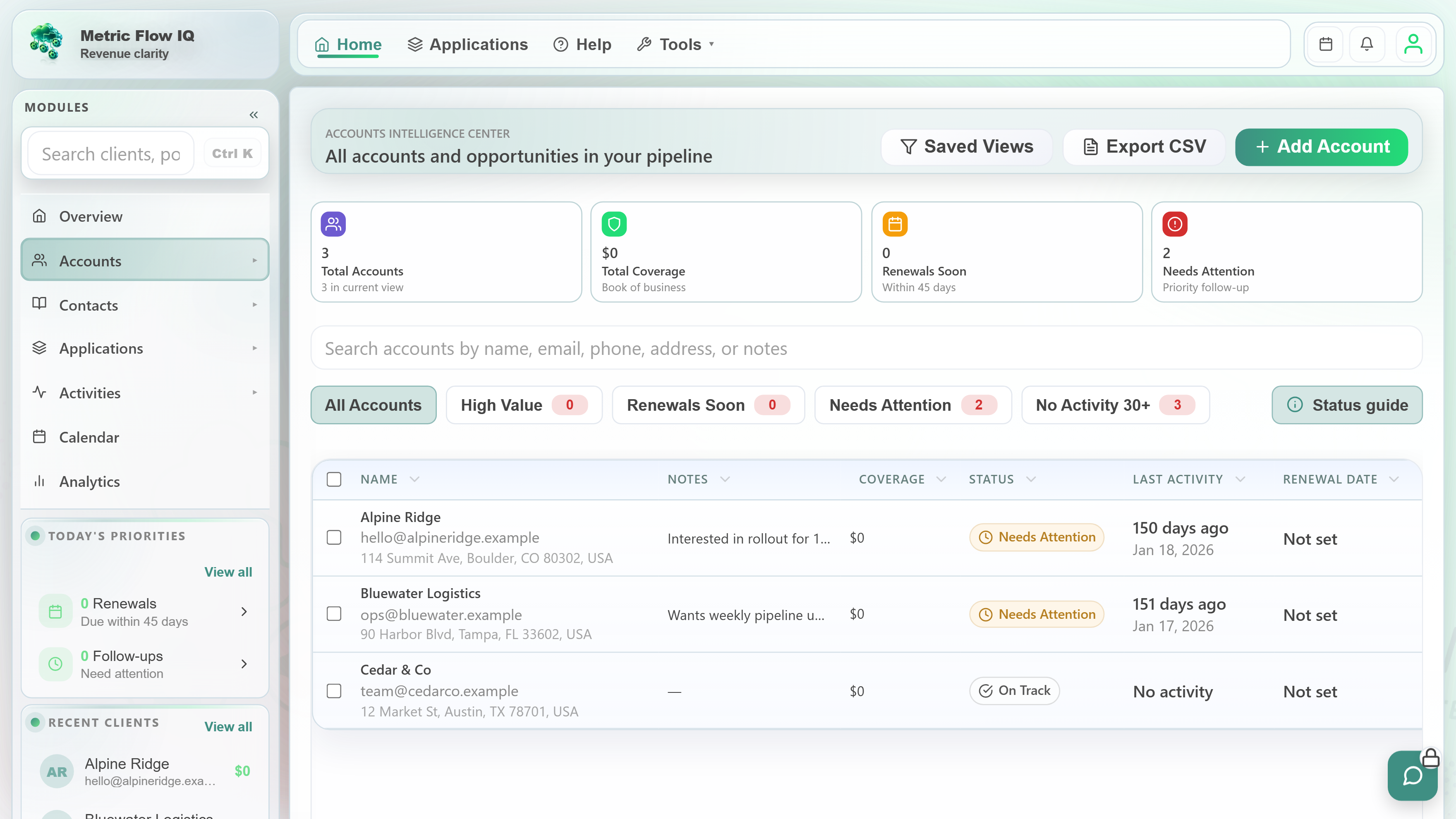 Metric Flow IQ — Modern CRM for fast, clear follow‑ups